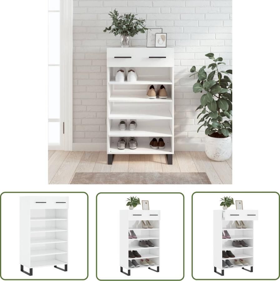 The Living Store Schoenenkast Opbergmeubel 60x35x105 cm Hoogglans wit Duurzaam bewerkt hout en ijzer Schoenenkast Opbergkast Schoenuitlegers Houten Schoenenkast Wit - Foto 2