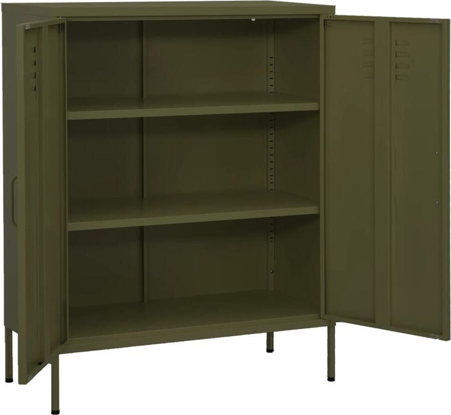 The Living Store Opbergkast zijkast Afmeting- 80 x 35 x 101.5 cm Kleur- olijfgroen Materiaal- staal Opslagruimte Side Table Oliegroene Kast Metalen Kast Living Room Furniture