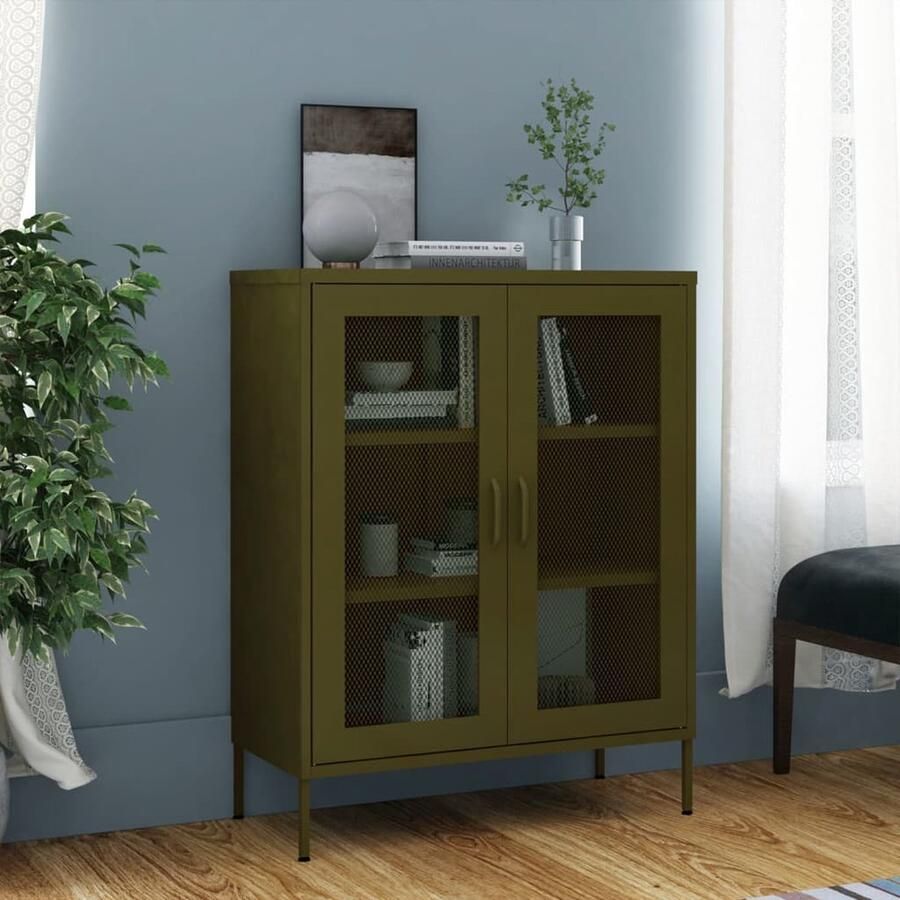 VidaXL Opbergkast Staal Olijfgroen 80x35x101 5 cm Opslagruimte Kasten Metalen Kast Groene Kast Side Table Living Room Furniture Entree Cupboard - Foto 2