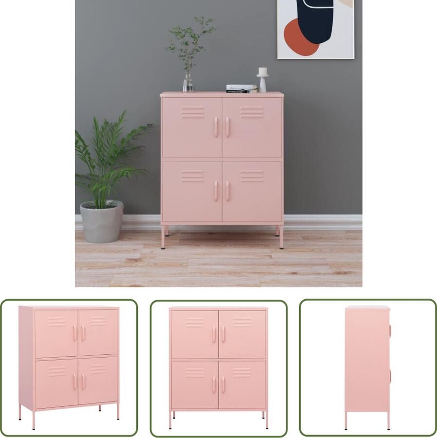 The Living Store Stalen Kast Opbergkast 80 x 35 x 101.5 cm Roze Met 4 deuren Stalen Kast Opbergkast Rozenkleurige Kast Metalen Kast Opslagruimte - Foto 2