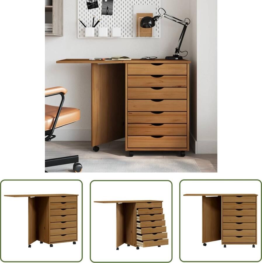 The Living Store MOSS Verrijdbare kast met bureaublad 105.5 x 39 x 74.5 cm Honingbruin Massief grenenhout Verrijdbare Kast Opbergkast Bureaus Houten Meubels Grenenhouten Kast