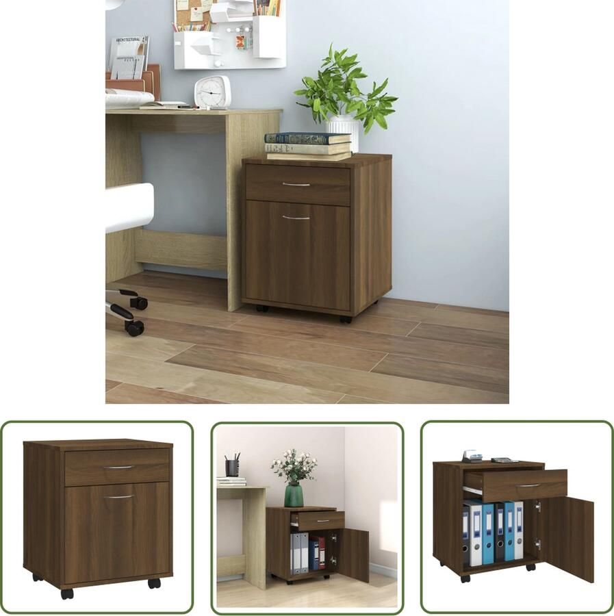The Living Store Verrijdbare kast Bruineiken Opbergkast 1 vak 1 lade 45x38x54 cm Verrijdbare Kast Opbergkast Houten Kast Met Lades Bureau Accessoires - Foto 2
