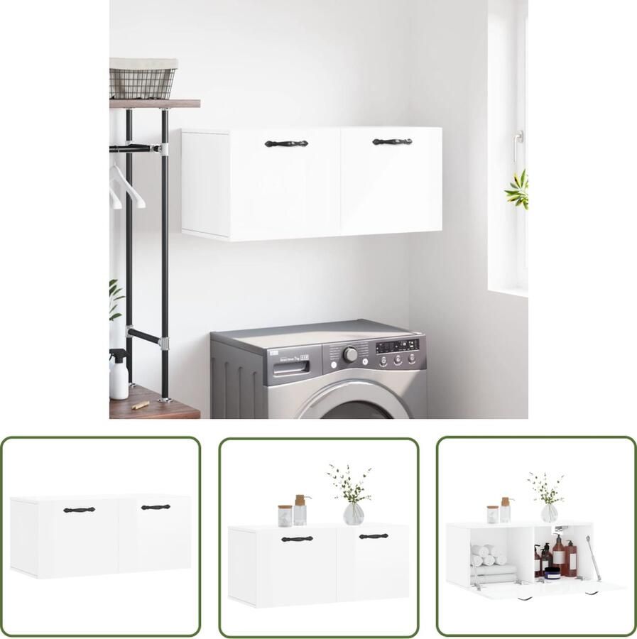 The Living Store Wandkast Wandgemonteerd Hoogglans wit 80 x 36.5 x 35 cm Wandkast Witte Kast Houten Kast Opbergkast Badkamerkast - Foto 5