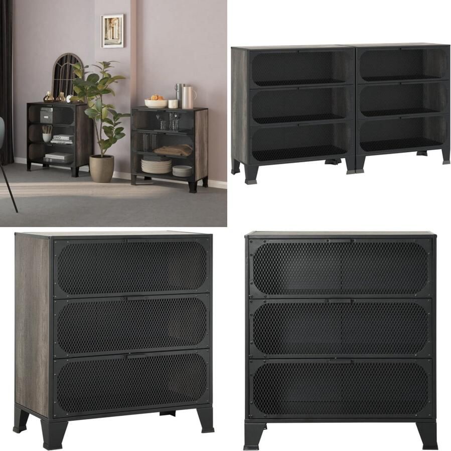VidaXL Opbergkasten 2 st 72x36x82 cm metaal en MDF grijs Opbergkast Opbergkasten Metalen Kast Dressoir