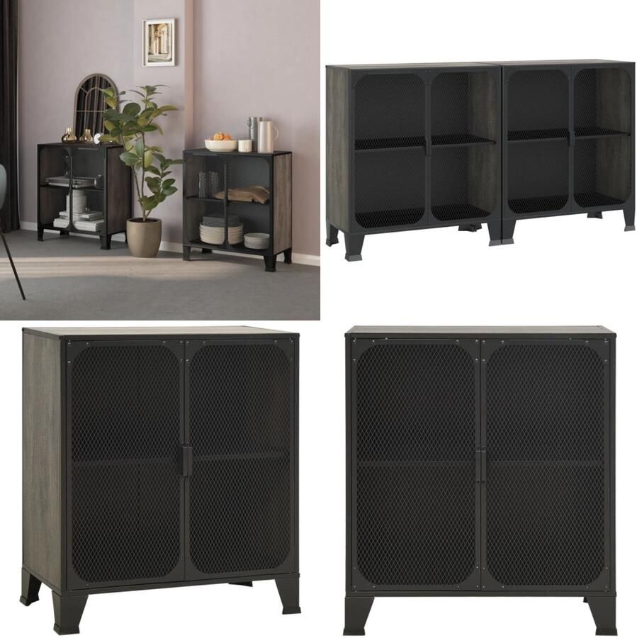 VidaXL Opbergkasten 2 st 72x36x82 cm metaal en MDF grijs Opbergkast Opbergkasten Metalen Kast Dressoir
