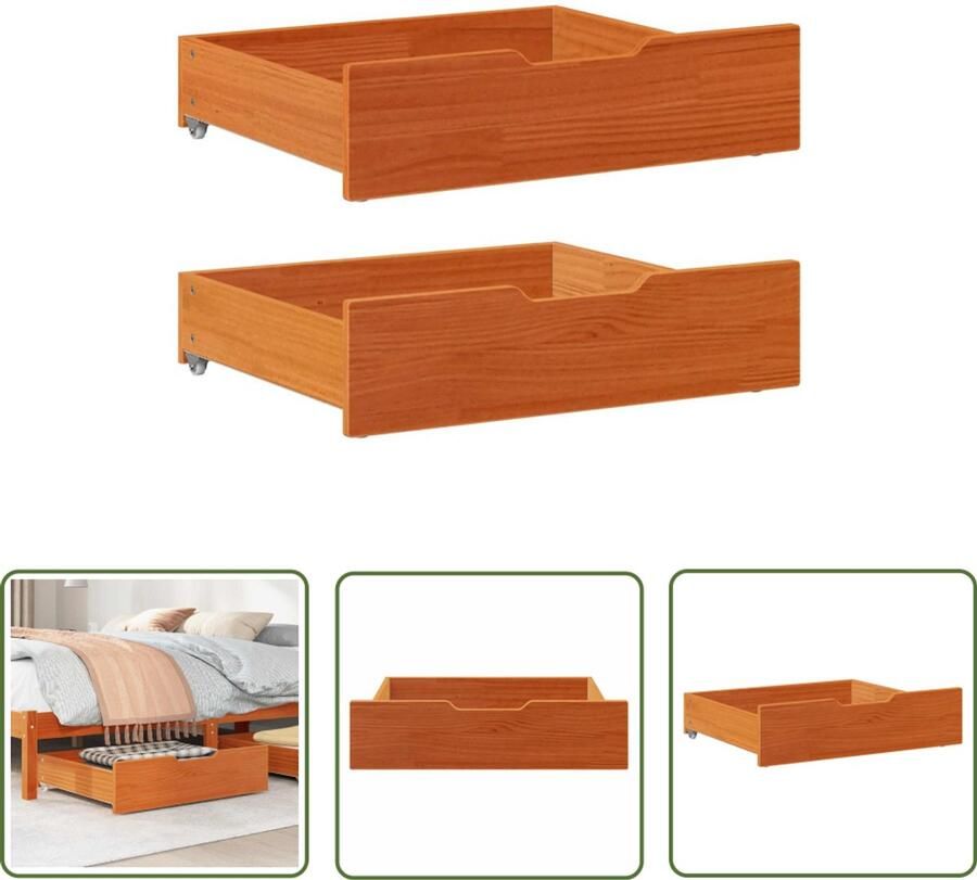 The Living Store Bedlades 2 st 75x55x16 massief grenenhout wasbruin Bedladekasten Opbergkasten Houten Kasten Slaapkamers Onderbedkast