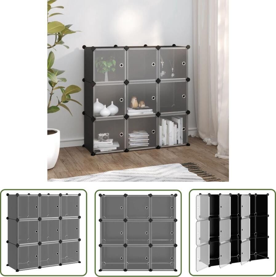 The Living Store Opbergmeubel met 9 vakken en deuren polypropeen zwart Kunststof Opbergkast Opbergkasten Opbergsysteem Multifunctionele Kast Organisatie Thuis - Foto 2