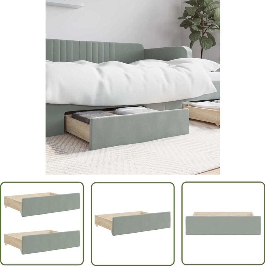 The Living Store Opberglades bed 2 st bewerkt hout en fluweel lichtgrijs Opbergladekast Opbergkasten Bedladen Boxspring Laden Ruimte Besparen