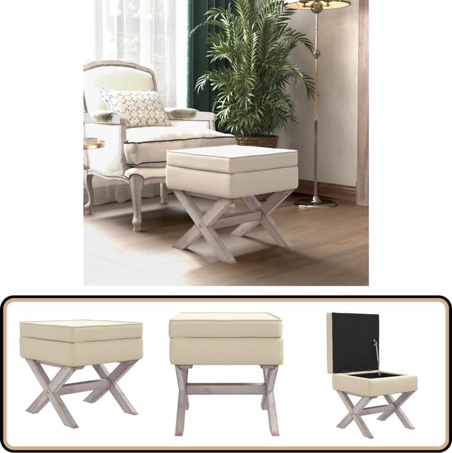 VidaXL Opbergkruk Beige Linnen 45x45x49 cm Vintage Stoelkruk Opbergkrukken Kruk Met Opbergruimte Beige Kruk Salontafel Living Room Meubels Retro Kruk