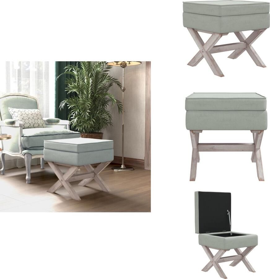 VidaXL Kruk Vintage Lichtgrijs Fluwelen zitting Opbergruimte Houten poten Franse stijl 45x45x49cm Hocker