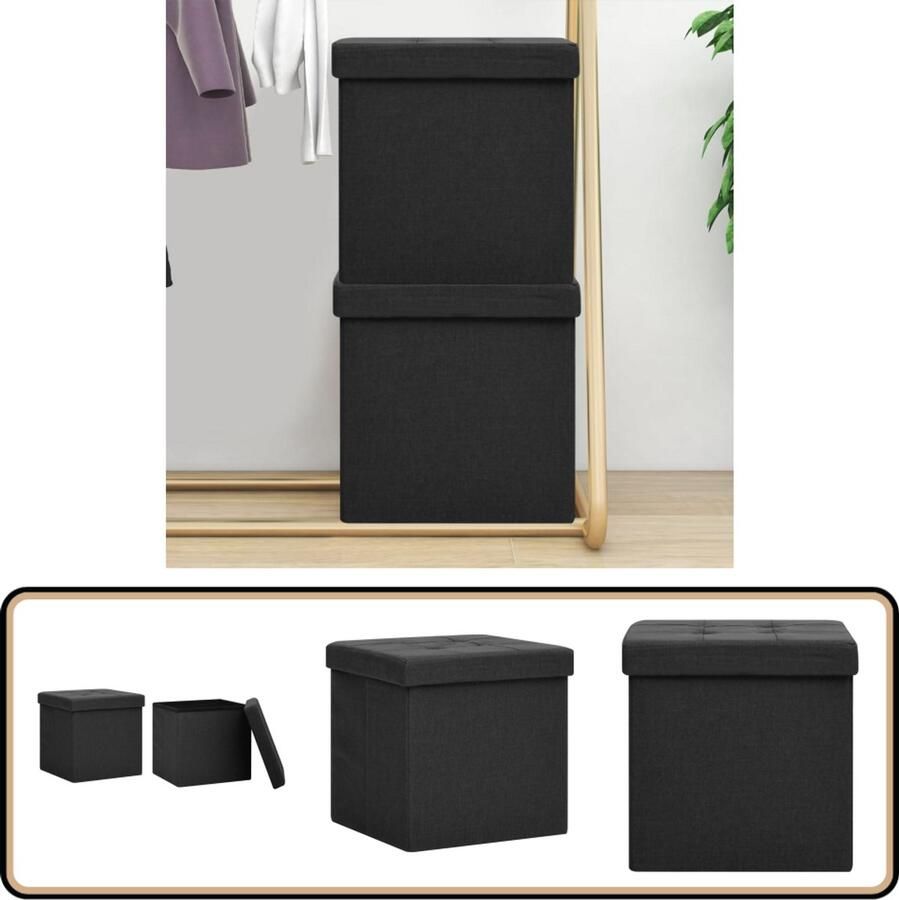 VidaXL Opbergkrukken Inklapbaar 2 stuks Zwart Opbergkruk Inklapbare Kruk Zwarte Kruk Opbergbox Multifunctionele Kruk Comfortabele Stoel Salontafel Bijzettafel Living Accessoires