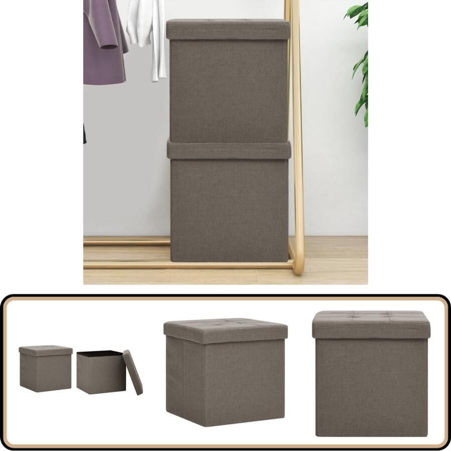 VidaXL Opbergkrukken Inklapbaar Taupe Set van 2 Opbergkruk Opbergbox Stoffen Opbergkruk Inklapbare Opbergkruk Taupecrukken Multifunctionele Kruk Kastenkruk