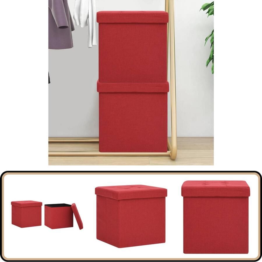 VidaXL Opbergkrukken Inklapbaar Wijnrood 2 stuks Opbergkrukken Opbergbox Stoffen Kruk Klapstoel Woonaccessoires Kastjes Decoratief Vintage
