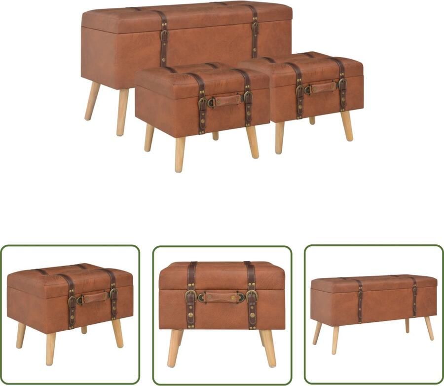 The Living Store Krukkenset Kunstleer Tan 85 x 38 x 47 cm (L) Opbergruimte 1 grote kruk + 2 kleine krukken Kunstleder Bankje Opbergkrukken Salontafel Stoere Meubels Vintage Krukken - Foto 2
