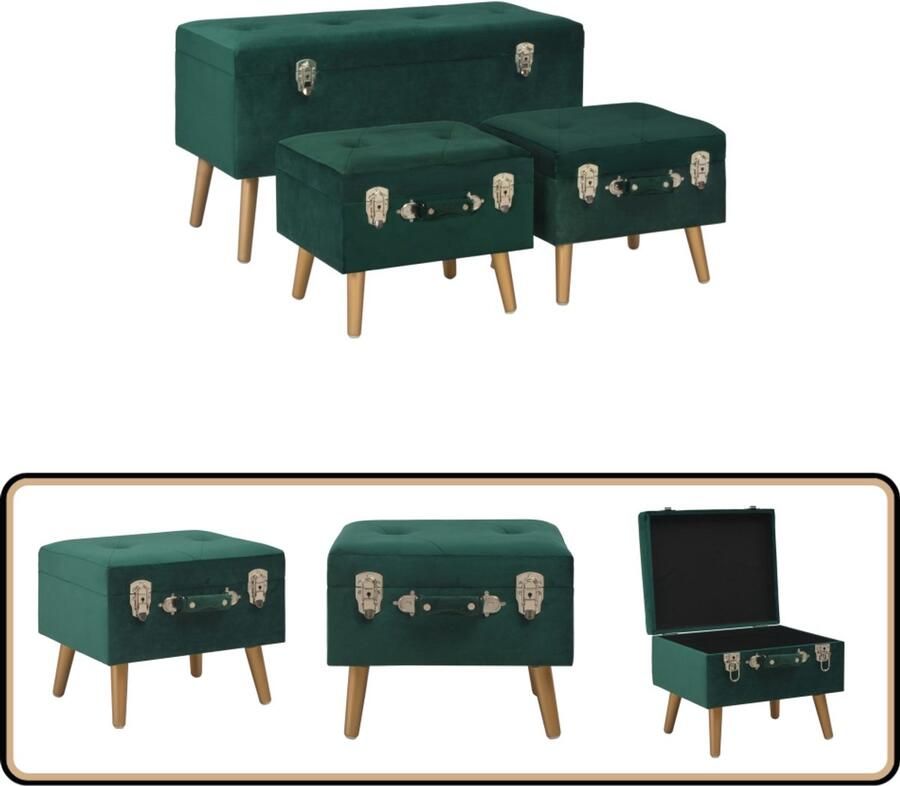 VidaXL Opbergkrukken Set Fluweel Groen 3 Stuks Opbergkruk Fluweelkruk Groene Kruk Gouden Kruk Salontafel