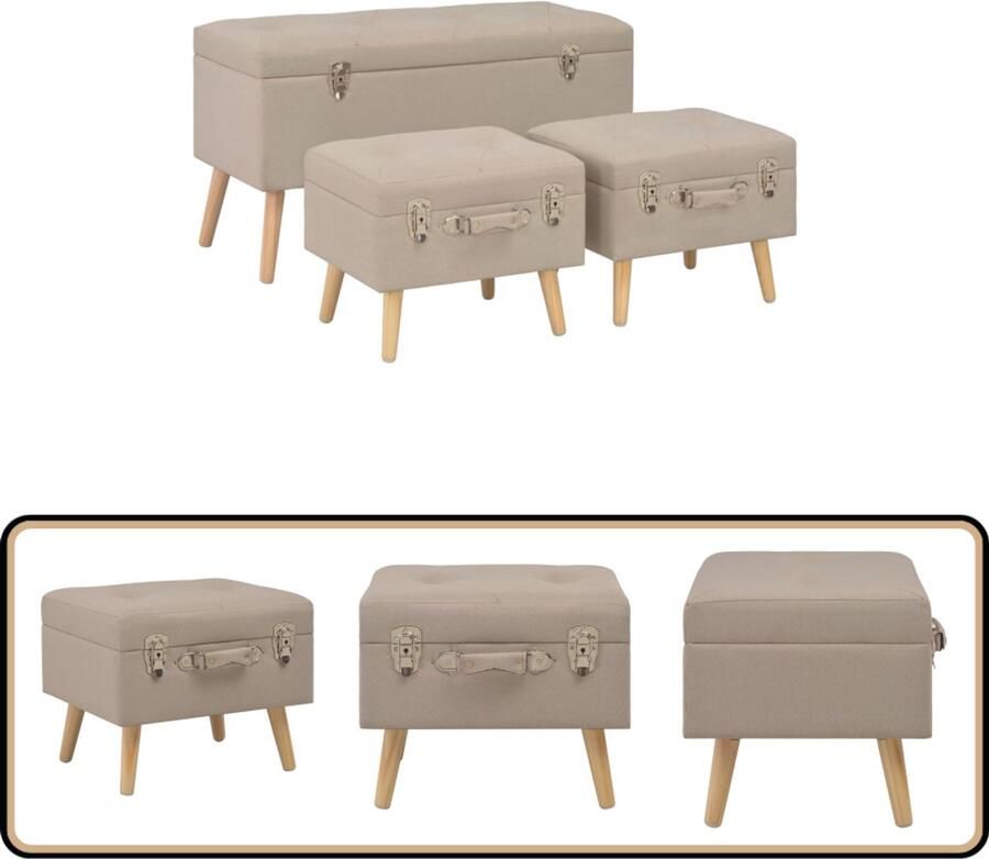 VidaXL Opbergkrukken Set van 3 Beige Polyester Hocker Krukken Stoffen Krukken Opbergkrukken Eetkamerstoelen