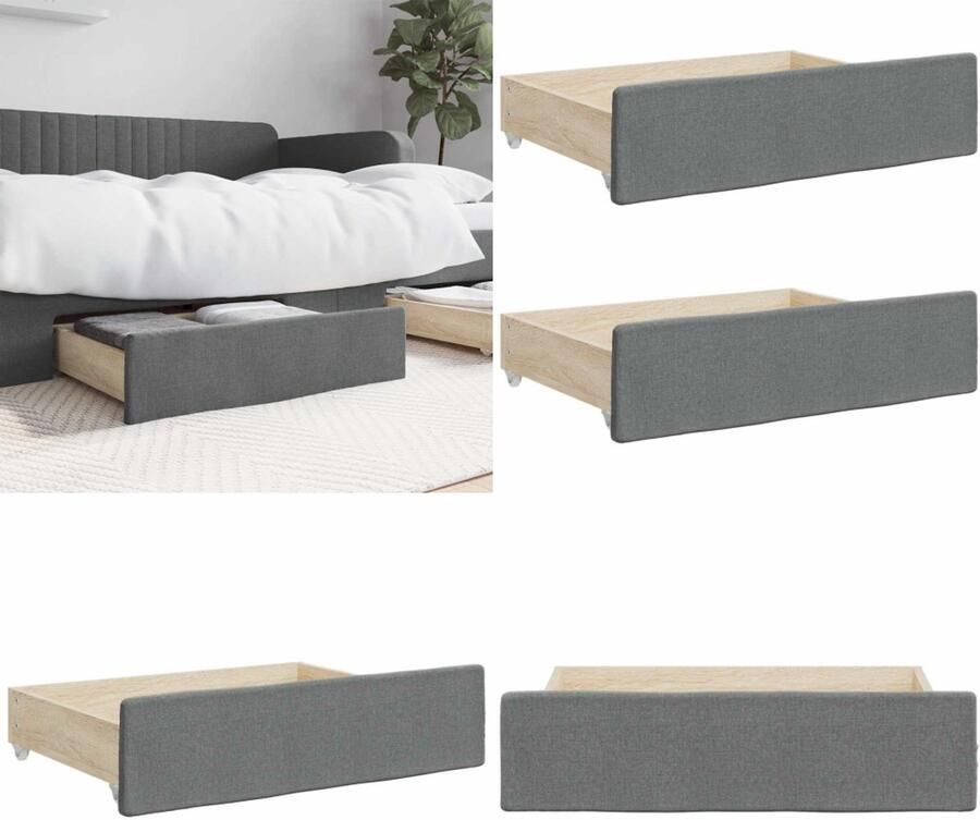 VidaXL Opberglades bed 2 st bewerkt hout en stof donkergrijs Opberglade Voor Onder Bed Opberglades Voor Onder Bed Opberglade Bedbox
