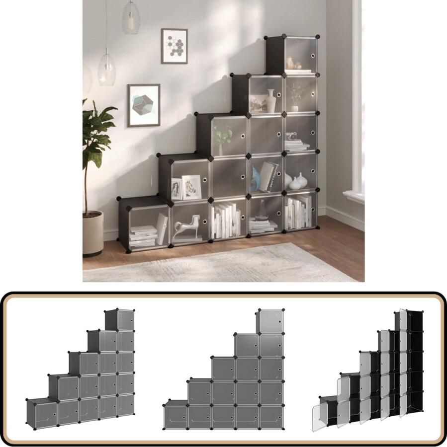 VidaXL Opbergmeubel met 15 vakken zwart Opbergkast Opbergsysteem Kast Organisatie Bergruimte Multifunctioneel Plastic Metaal Zwart