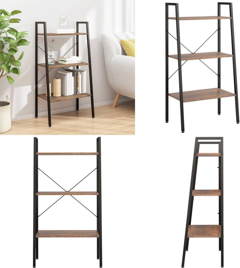 VidaXL Opbergmeubel met 3 lagen 56x35x108 cm donkerbruin en zwart Ladderrek Ladderrekken Boekenrek Boekenkast