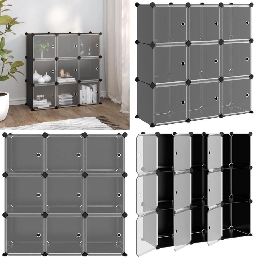 VidaXL Opbergmeubel met 9 vakken en deuren polypropeen zwart Opbergmeubel Opbergmeubelen Opberger Opbergkast