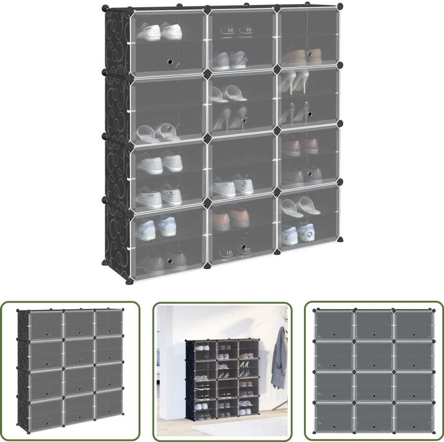 VidaXL Opbergmeubel Opbergkast Opbergmeubel met 12 vakken en deuren polypropeen zwart Opslagruimte Kast Organisator