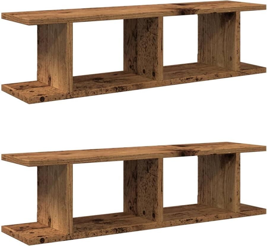 The Living Store Wandschappen 2 st 75x18x20 cm bewerkt hout oud houtkleurig Wandplank Houtschilderij Opslagmogelijkheden Muurdecoratie Vintage Design