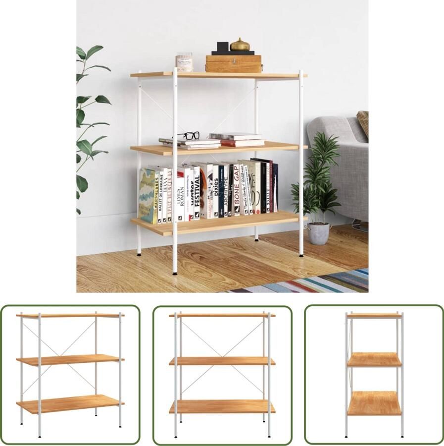 VidaXL Opbergrek 3-laags Wit en Eiken 80x40x92 cm Opslagruimte Opbergerek Opbergkast Bureaublad Organizer Thuisorganisatie Woonaccessoires Designmeubel Witte Meubel Eiken Kleurige Meubel Metalen Kast Houtschilderij