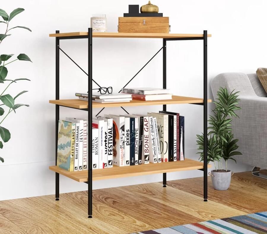 VidaXL Opbergrek 3-laags Zwart en Eiken 80x40x92 cm Opslagruimte Opbergerek Zwarte Kast Metalen Kast Eiken Kleurtje Woonaccessoires Interieurdecoratie Kantoormeubilair Garage Opslag Organisatie Thuis Bureau Accessoires - Foto 2