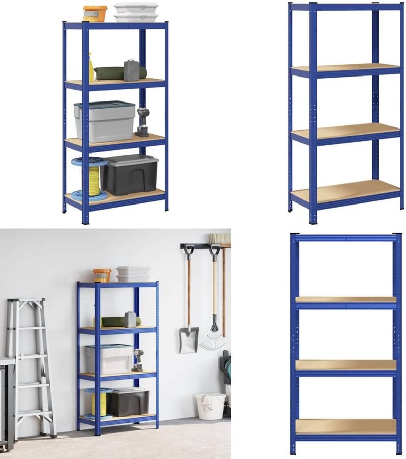 VidaXL Opbergrek 4-laags staal en bewerkt hout blauw Plank Planken Garage Stelling Stellingkast