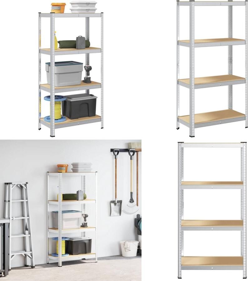 VidaXL Opbergrek 4-laags staal en bewerkt hout zilverkleurig Plank Planken Garage Stelling Stellingkast