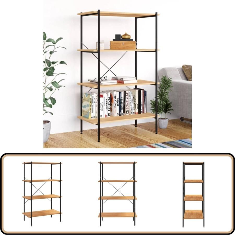 VidaXL Opbergrek 4-laags Zwart en Eiken 80x40x130 cm Opslagruimte Opbergrek Metalen Kast Houten Kast Zwarte Kast