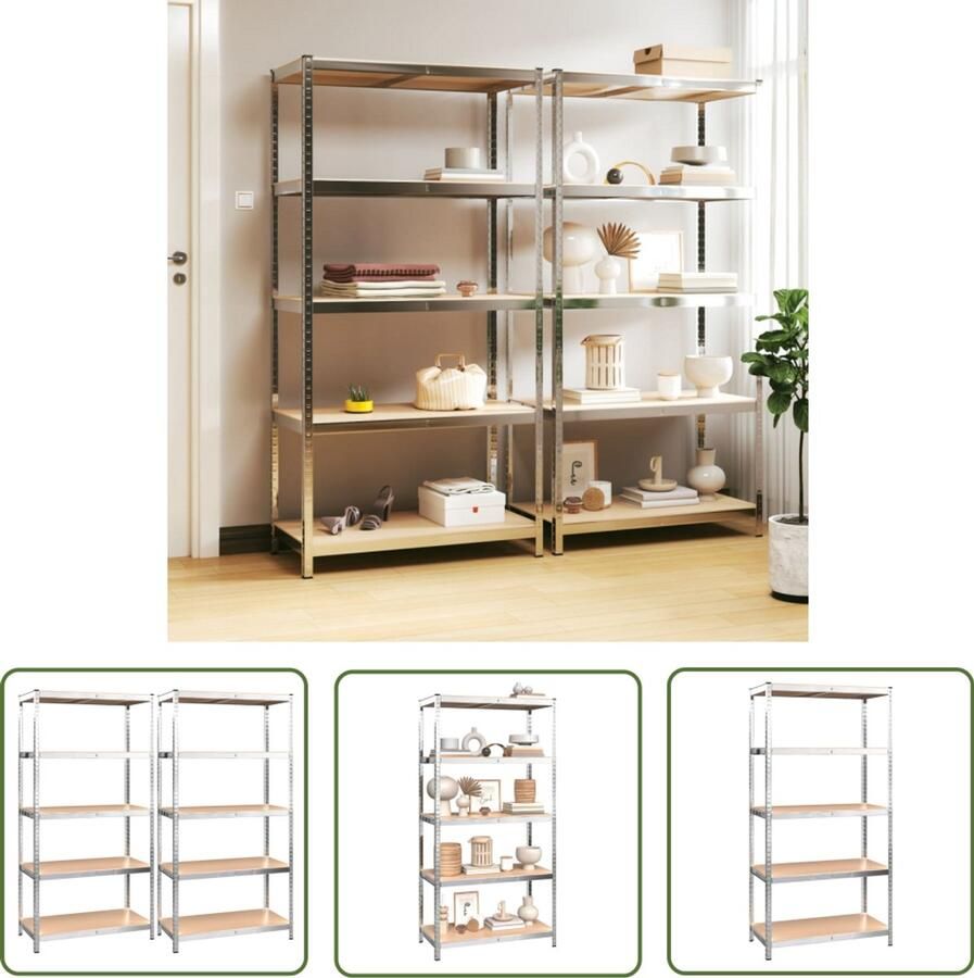 VidaXL Opbergrek 5-laags 2 st staal en bewerkt hout zilverkleurig Opbergrek Opslagrek Magazijnkast Metalen Kast Houten Kast