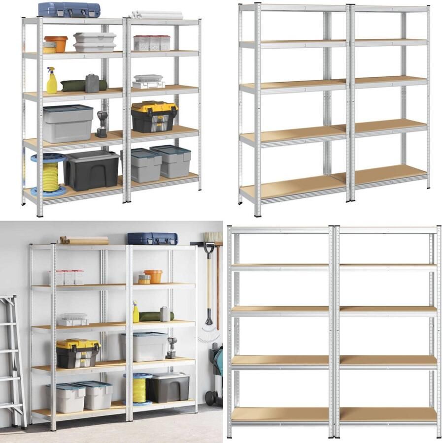VidaXL Opbergrek 5-laags 2 st staal en bewerkt hout zilverkleurig Plank Planken Garage Stelling Stellingkast