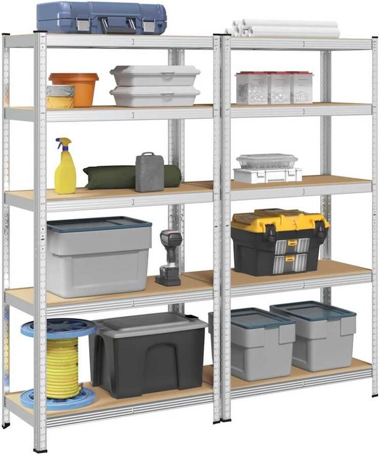 VidaXL Opbergrek 5-laags 2 st Zilver 1325 kg Opslagrek Industriele Opslag Metalen Kast Zwaar Belastbaar Multifunctioneel