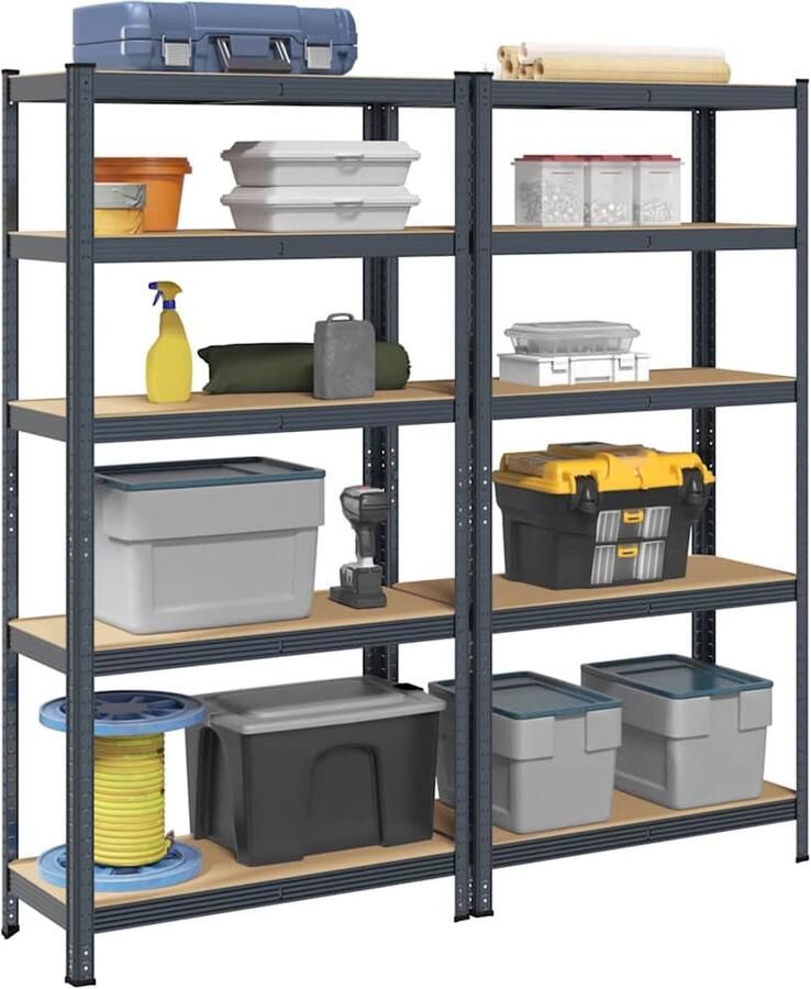 VidaXL Opbergrek 5 Laags 2 Stuks Antraciet Opslagkast Industriele Opslag Metalen Rek Houten Plank Multifunctioneel Opbergsysteem