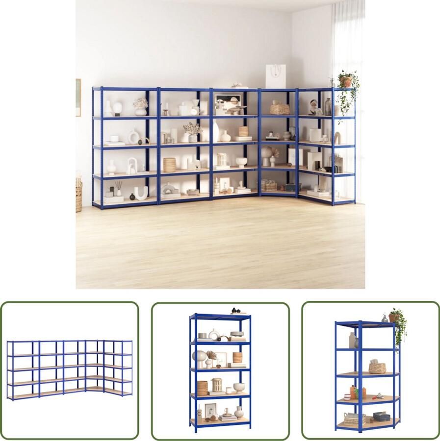 VidaXL Opbergrek 5-laags 5 st staal & bewerkt hout blauw Opslagrek Metalen Kast Houten Plank Multifunctionele Kast Garage Organisatie
