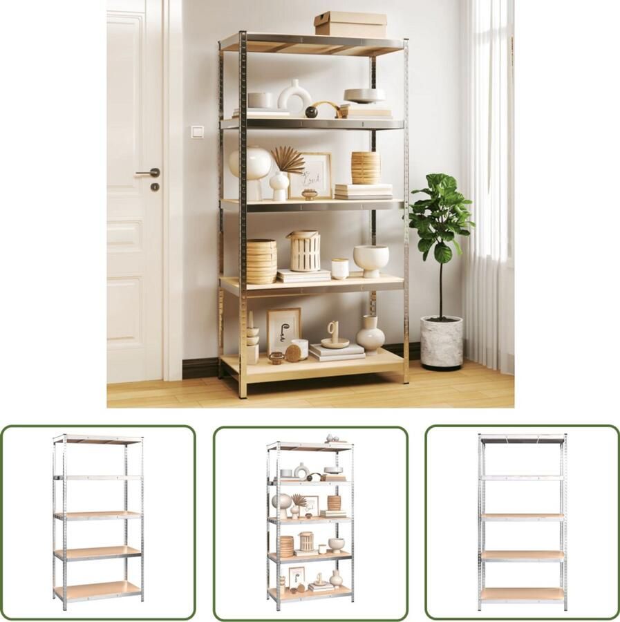 VidaXL Opbergrek 5-laags staal en bewerkt hout zilverkleurig Opbergrek Opslagruimte Metalen Opbergkast Houten Opbergkast Vijf Lades