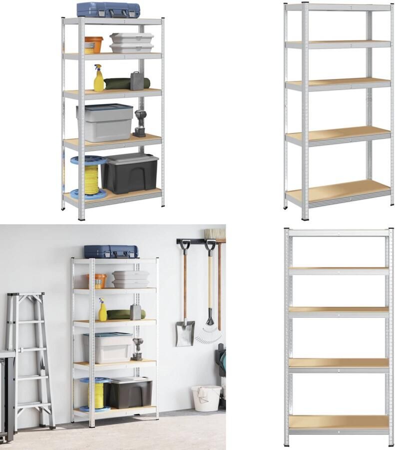 VidaXL Opbergrek 5-laags staal en bewerkt hout zilverkleurig Plank Planken Garage Stelling Stellingkast