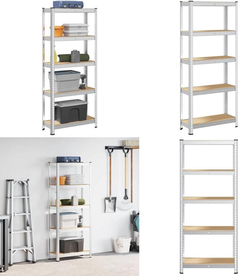 VidaXL Opbergrek 5-laags staal en bewerkt hout zilverkleurig Plank Planken Garage Stelling Stellingkast