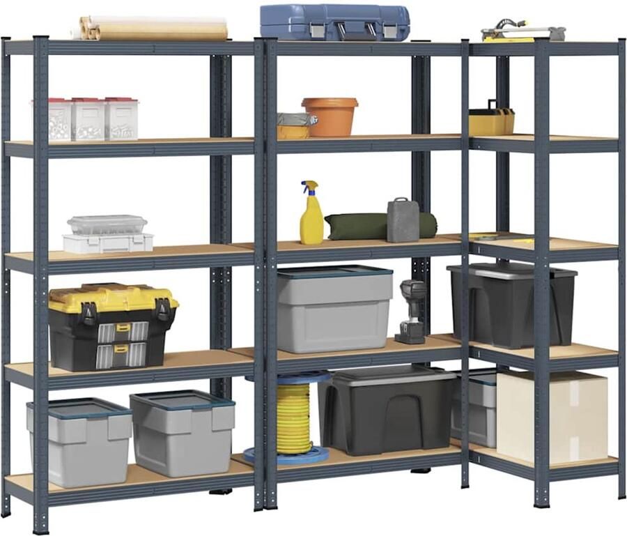 VidaXL Opbergrek 5-laags Staal & Hout 3 stuks Plank Planken Garage Stelling Stellingkast
