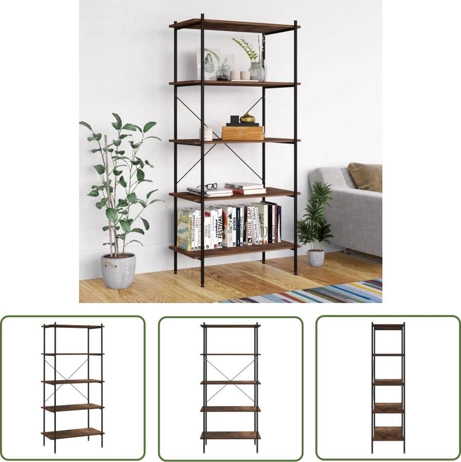 The Living Store Opbergrek Staal en Hout 80x40x163 cm Zwart Donkerhout Opslagruimte Opbergrek Boekenplank Metalen Kast Houten Kast - Foto 2