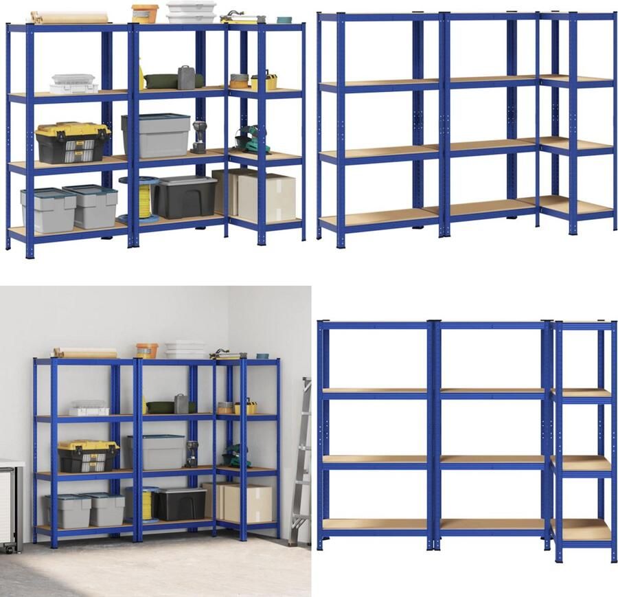 VidaXL Opbergrekken 3 st 4-laags staal en bewerkt hout blauw Plank Planken Garage Stelling Stellingkast