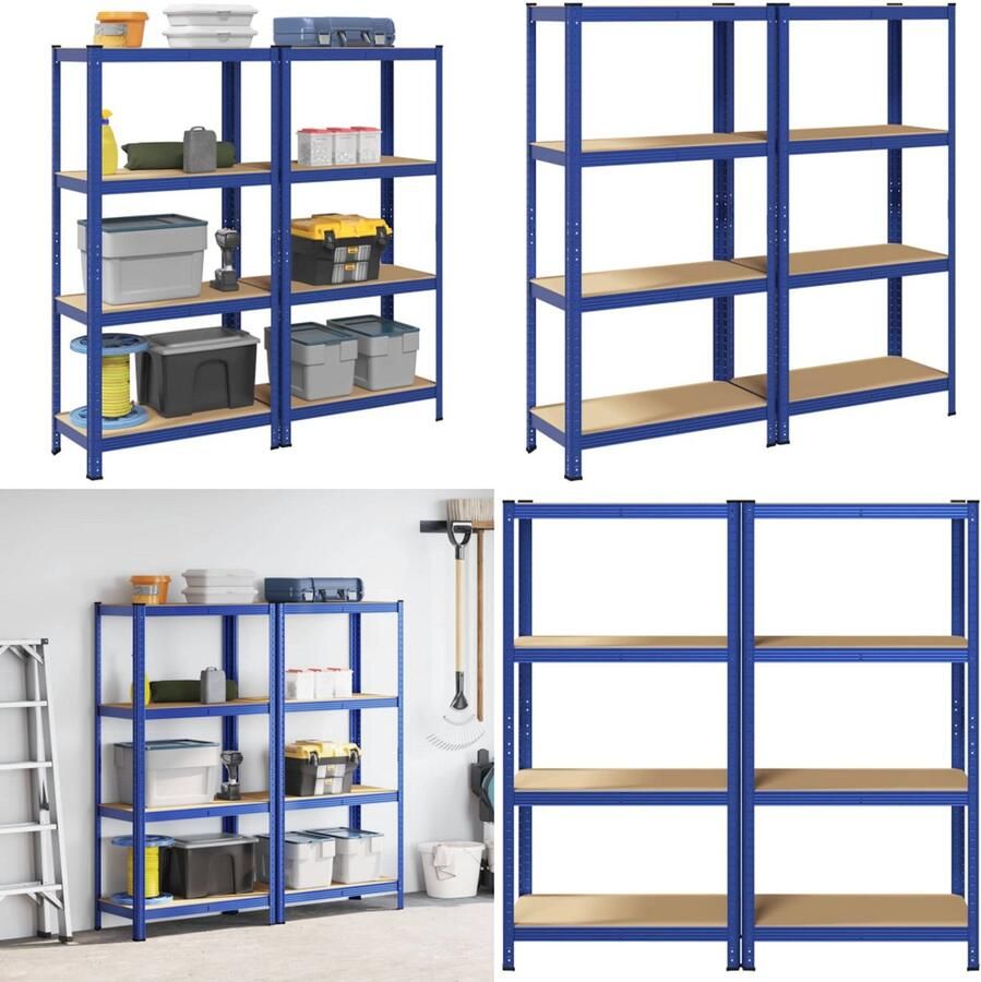 VidaXL Opbergrekken 4-laags 2 st staal & bewerkt hout blauw Plank Planken Garage Stelling Stellingkast