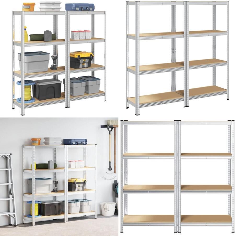 VidaXL Opbergrekken 4-laags 2 st staal & bewerkt hout zilverkleurig Plank Planken Garage Stelling Stellingkast