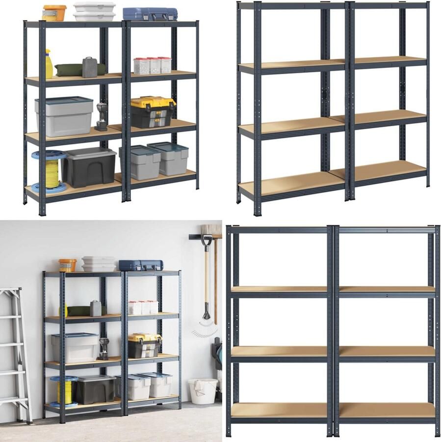 VidaXL Opbergrekken 4-laags 2st staal en bewerkt hout antracietkleurig Plank Planken Garage Stelling Stellingkast