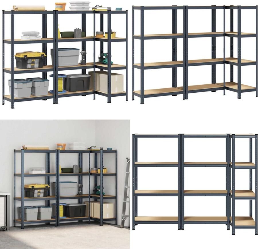 VidaXL Opbergrekken 4-laags 3 st staal & bewerkt hout antracietkleurig Plank Planken Garage Stelling Stellingkast