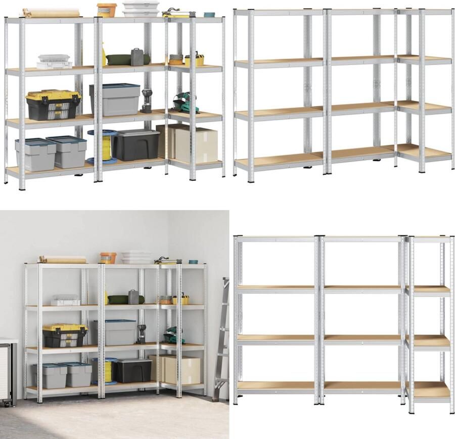 VidaXL Opbergrekken 4-laags 3 st staal en bewerkt hout zilverkleurig Plank Planken Garage Stelling Stellingkast