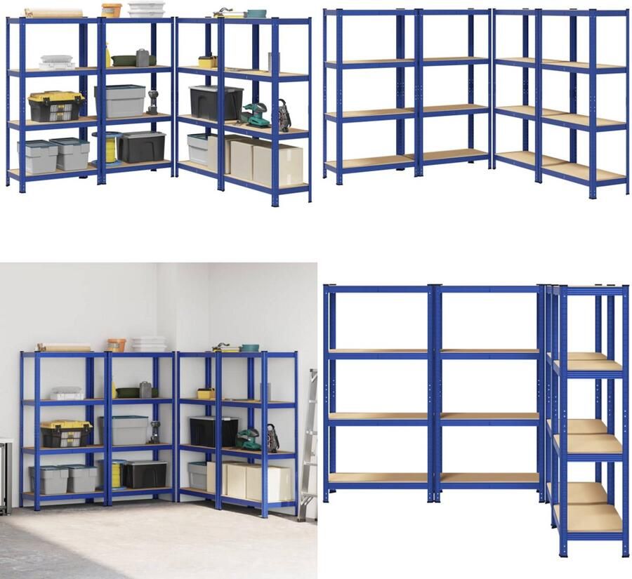 VidaXL Opbergrekken 4-laags 4 st staal & bewerkt hout blauw Plank Planken Garage Stelling Stellingkast