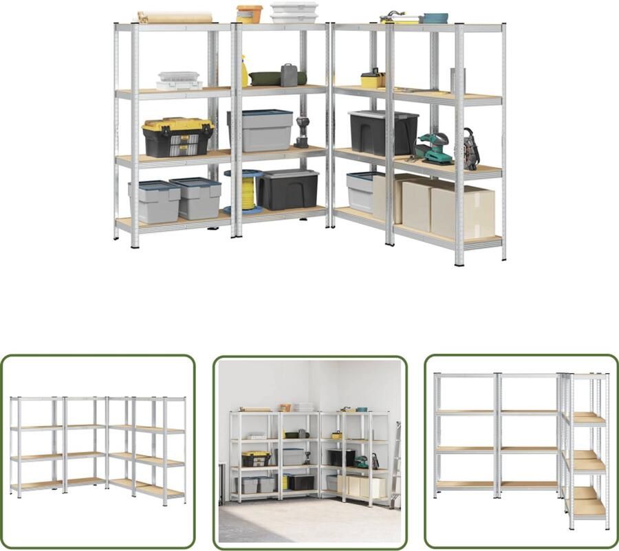 VidaXL Opbergrekken 4-laags 4 st staal & bewerkt hout zilverkleurig Opbergkast Opslagrek Metalen Rek Houten Rek Multifunctioneel
