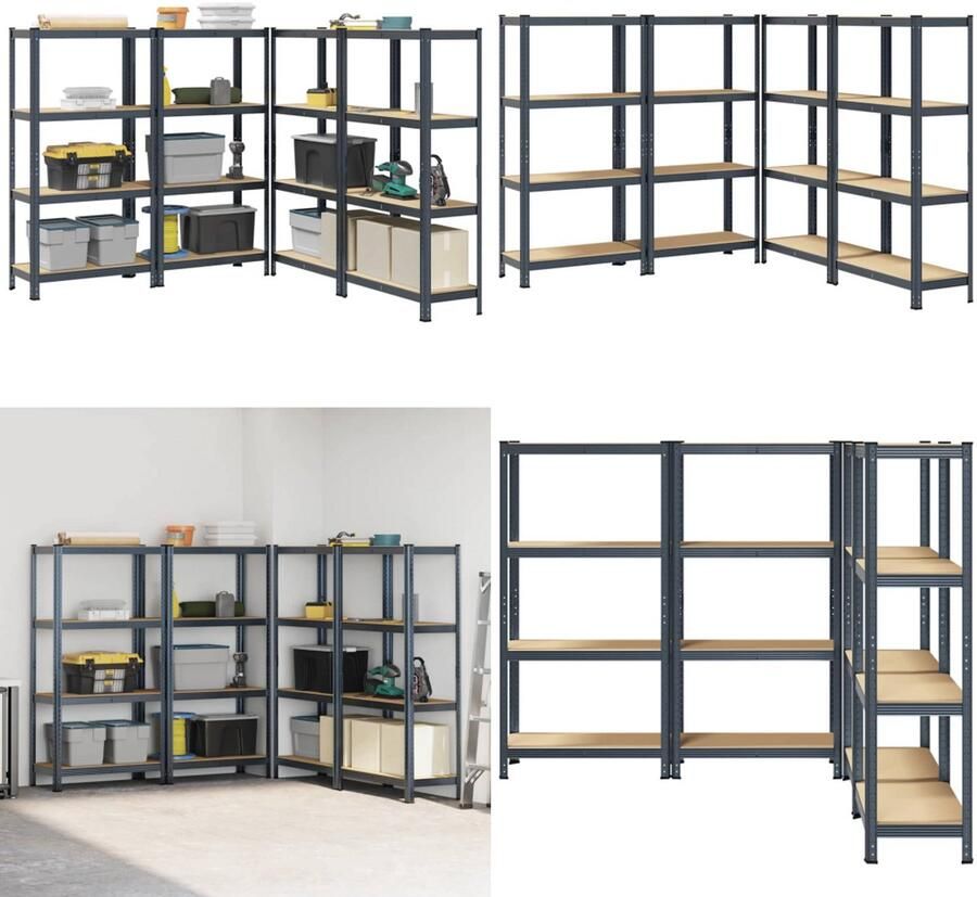 VidaXL Opbergrekken 4-laags 4st staal en bewerkt hout antracietkleurig Plank Planken Garage Stelling Stellingkast